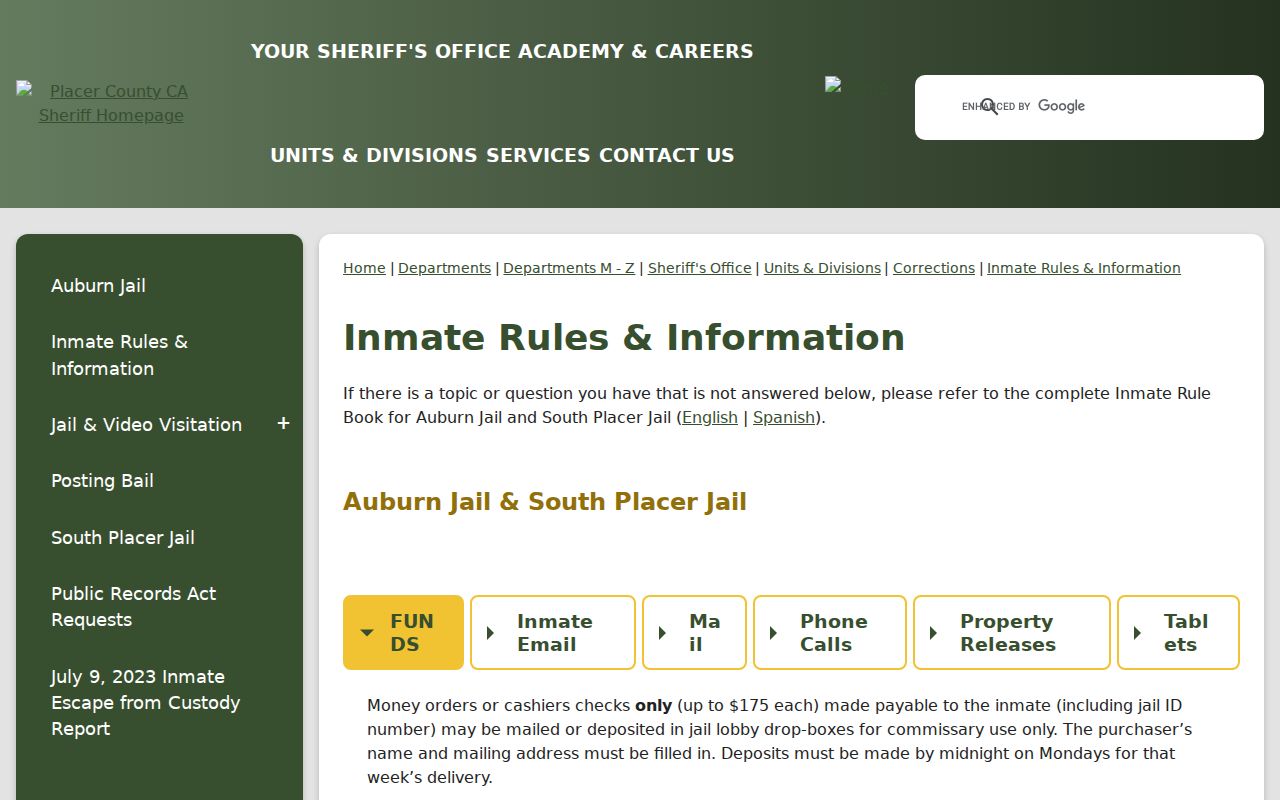Roseville neighbors Placer inmate rules and mail information