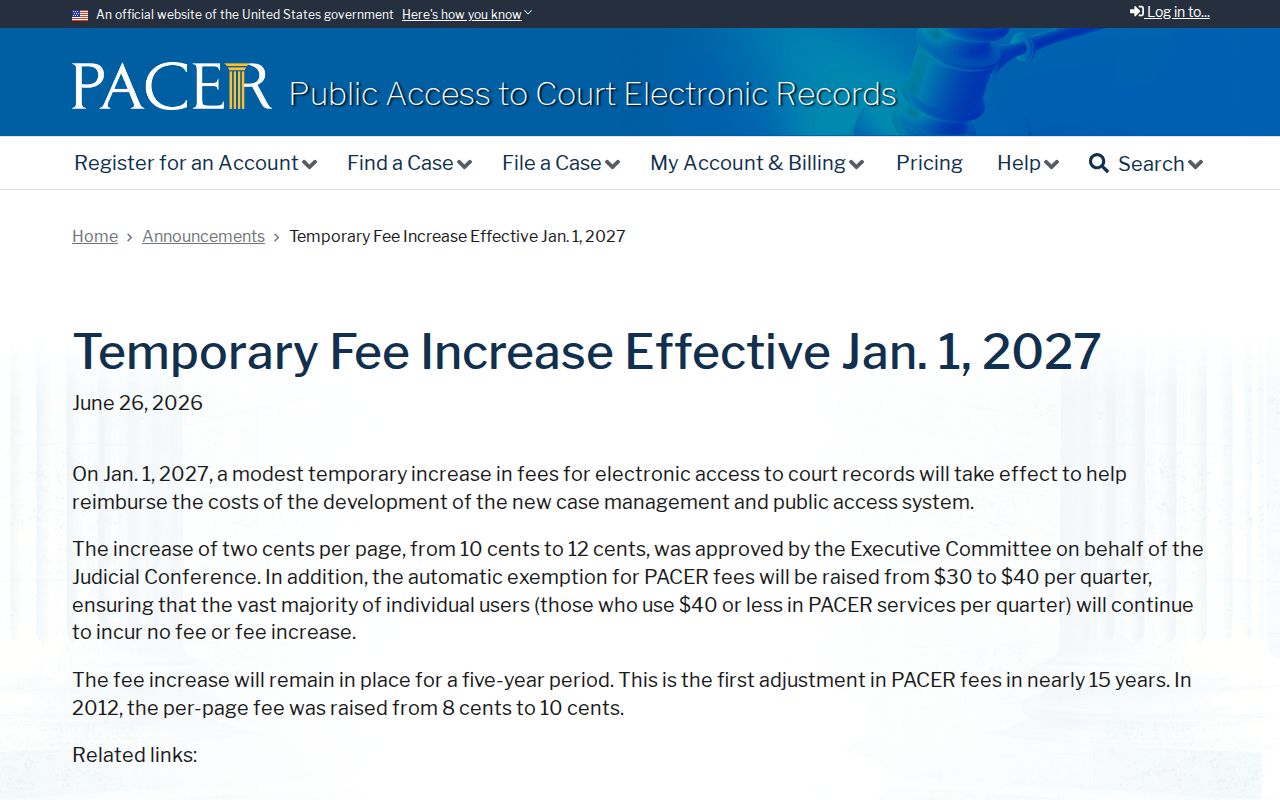 Roseville previous residents PACER fee announcement